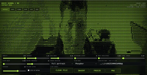 A webcam portrait rendered as bright green ASCII characters