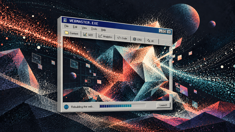 A vintage webmaster application window showing content, SEO, analytics, code, CRO, and AI tools against an abstract cosmic background
