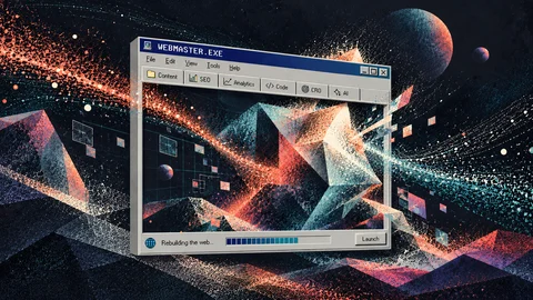 A vintage webmaster application window showing content, SEO, analytics, code, CRO, and AI tools against an abstract cosmic background